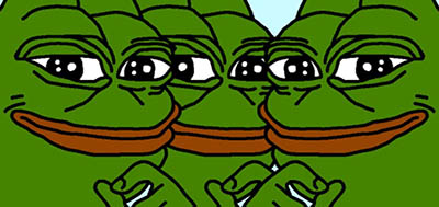 Three smirking "Pepe" frogs