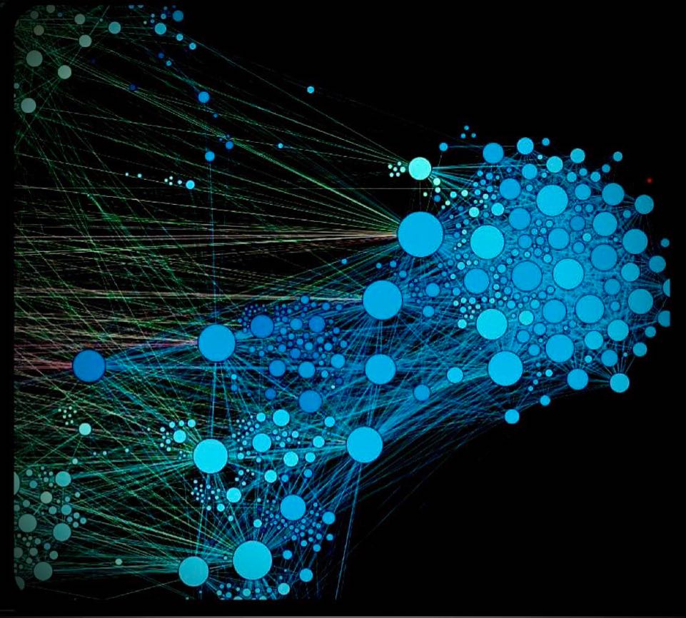 A black background with circles of various sizes and shade of blue and green. Thin lines of blue, red, yellow, and green color overlap and connect the dots, creating a web.