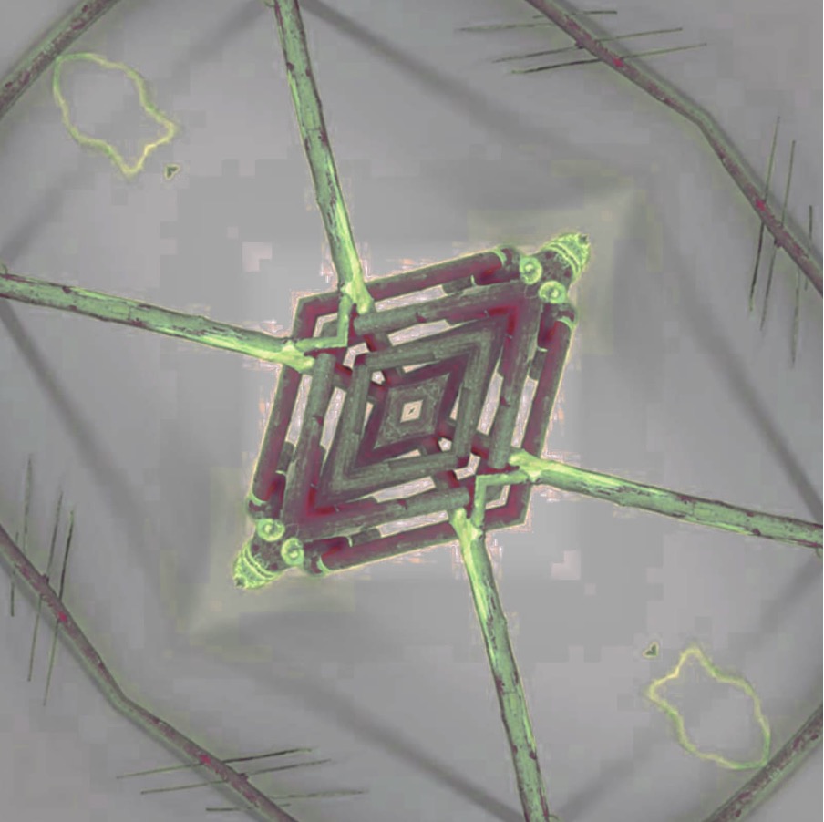 One angle of the trap is featured in this image, where there is a geometrical shape appearing in the center in purple, against a grey background. There are electric green lines going in and out of the geometrical shape.
