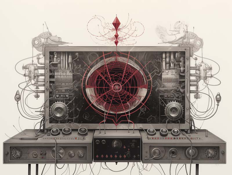 A complex machine of wires and red static reminiscent of an old table top radio or telephone switchboard