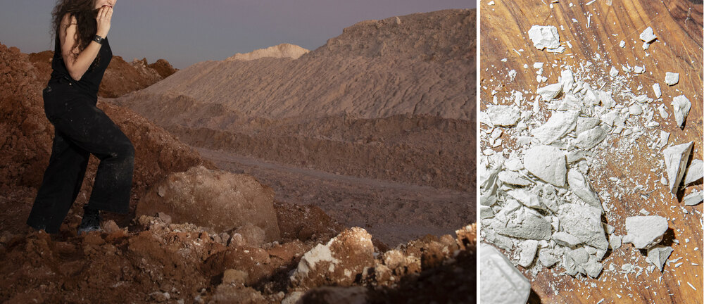 This image has two parts. The left part of the image is horizontally longer than part on the right. In the left part, the author is seen biting into a piece of kaolin clay while standing with one foot forward on a rocky uneven surface, against a background of a towering heap of whitish-pink earth excavated from a kaolin clay mine. The right part of the image shows broken solid pieces and powder of edible kaolin clay, white in colour, that is spread on the surface of a table.
